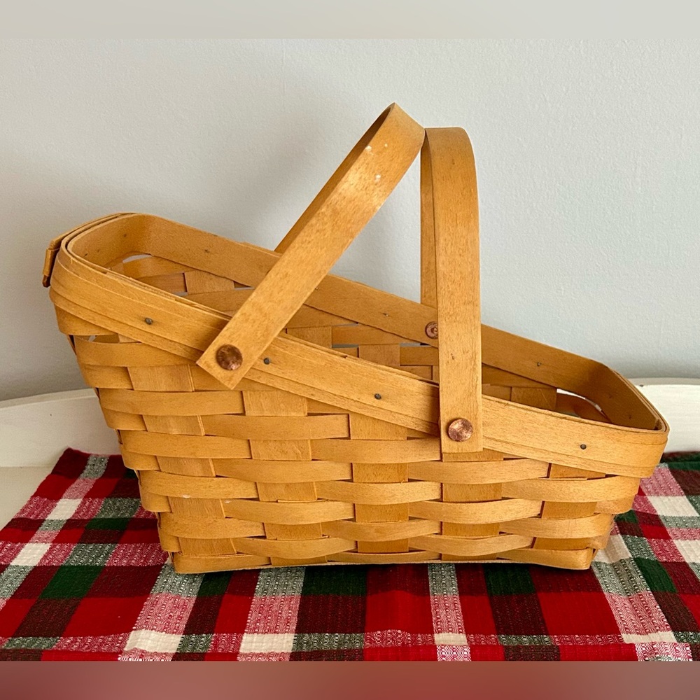 Vintage Longaberger Handwoven Natural Brown Slanted Basket with swing handles